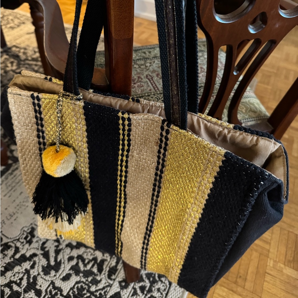 America & Beyond Black - Gold Women's Woven Designer Tote Bag